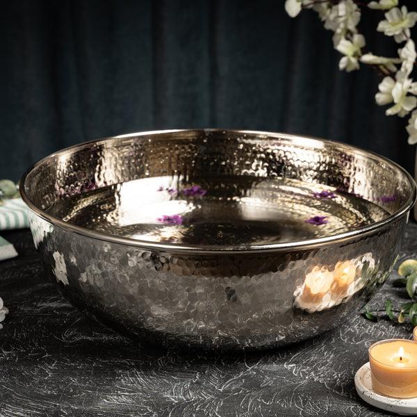 Handcrafted Hammered Copper Foot Soak Bowl – Silver Finish Ayurvedic Spa Basin