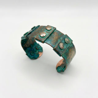 Green Patina Copper Cuff Bracelet – Handcrafted Riveted Statement Bangle – view 2