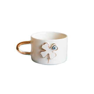 Handmade Evil Eye Clover Ceramic Mug With Gold-Plated Handle