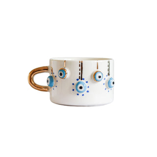 Nazar Protector Eyes Handmade Ceramic Mug – Pure Gold-Plated Handle & Glazed Turkish Ceramic