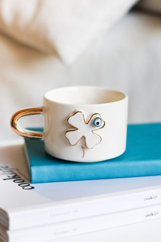 Handmade Evil Eye Clover Ceramic Mug With Gold-Plated Handle – view 2