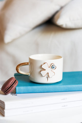 Handmade Evil Eye Clover Ceramic Mug With Gold-Plated Handle – view 3