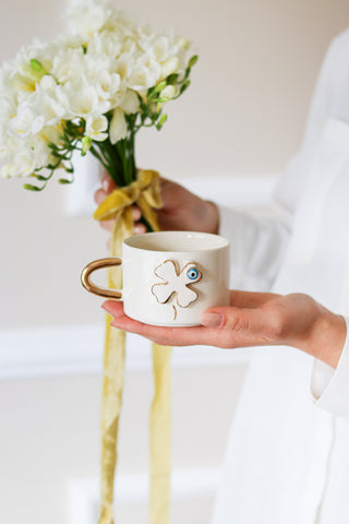 Handmade Evil Eye Clover Ceramic Mug With Gold-Plated Handle – view 4