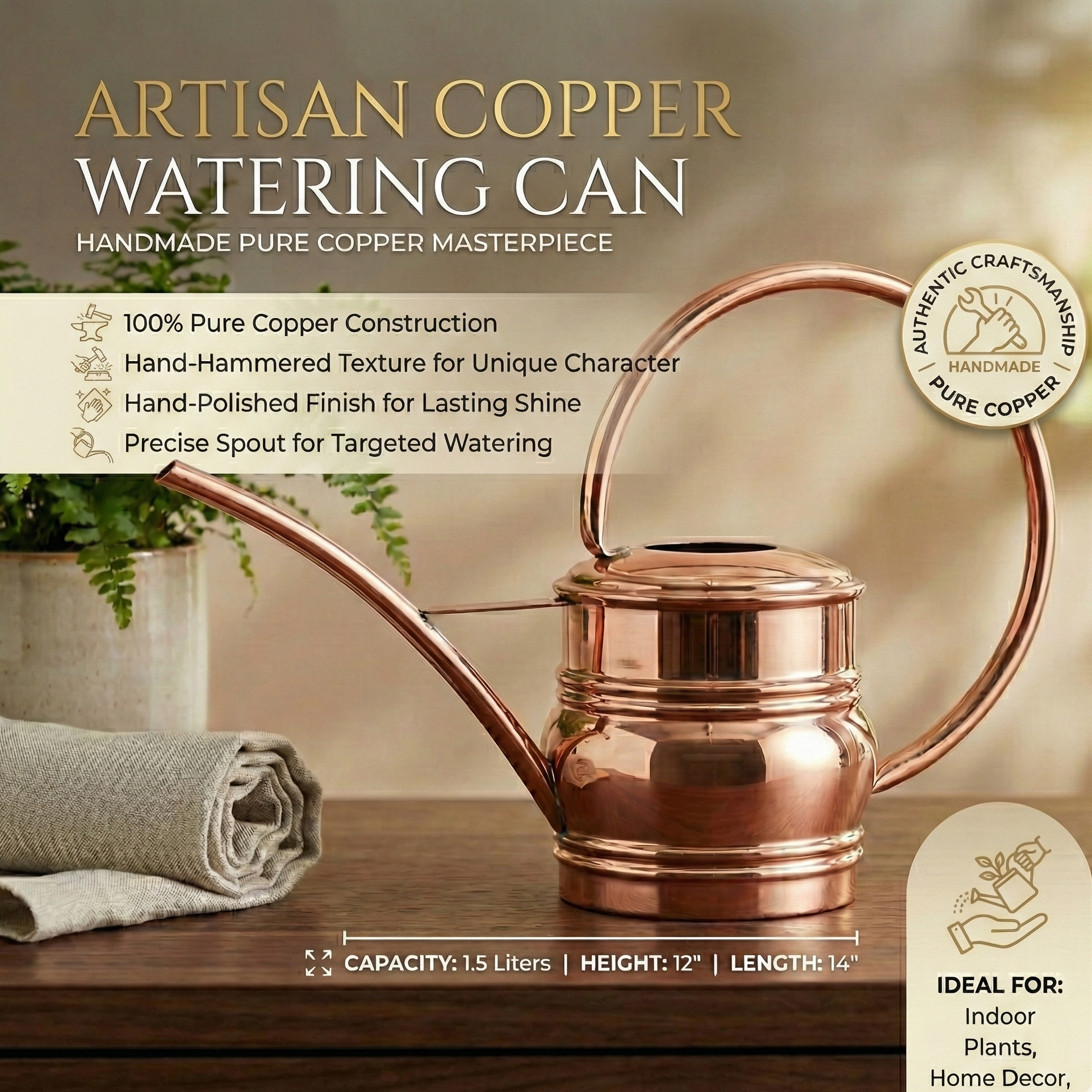 watering can with long spout for indoor plants Solid Pure Copper Watering Can for Garden | Handmade Copper Planter Vessel 2000ml | Long Spout Model