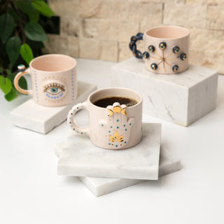 Handmade Hamsa Symbol Ceramic Mug With Gold Accents