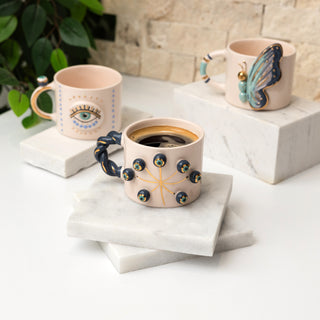 Handmade Evil Eye Ceramic Mug With Braided Handle - 24ct Gold Detailed