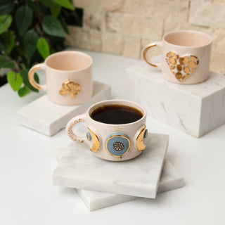Handmade Sun And Moon Phases Ceramic Mug With Real Gold Accents - Bohemian Table Decor