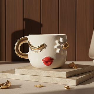 White mug with gold accents and red lips on a wooden surface with decorative items.