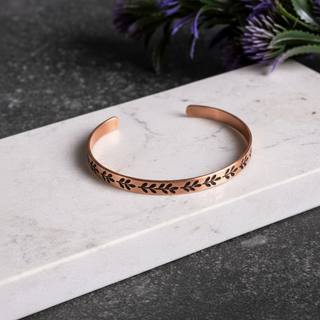 Engraved Leaf Pattern Solid Copper Cuff Bracelet
