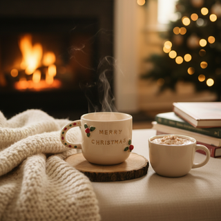 Merry Christmas Ceramic Mug With Holly Detailing & Festive Handle – view 4