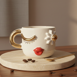 Handmade Winking Daisy Face Ceramic Mug With Gold Handle – view 2