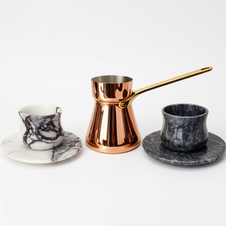 Handmade Copper Turkish Coffee Pot & Marble Cup Serving Set