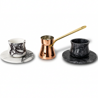 Handmade Copper Turkish Coffee Pot & Marble Cup Serving Set