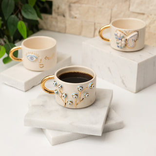 Handmade Ceramic Mug Tree Of Life Gold Plated Handle | Glazed Turkish Ceramic Art Evil Eye Protector