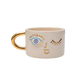 Handmade Winking Face Ceramic Mug With Gold-Plated Handle – view 2
