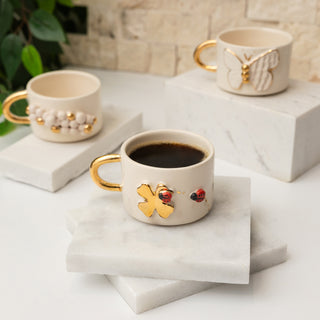 Handmade Lucky Clover & Ladybug Ceramic Mug With Gold-Plated Handle