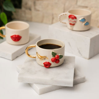 Festive Red Ceramic Mug With Gold-Plated Handle | Artisan Festive Decor