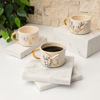 Handmade Evil Eye Butterfly Ceramic Mug With Gold-Plated Handle