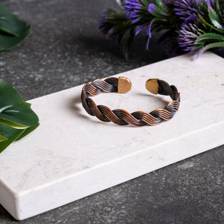 Braided Dark Copper Healing Bracelet, Open Cuff Design with Golden End Caps