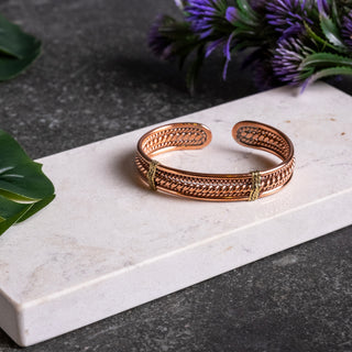 Embossed Pure Copper Cuff Bracelet with Rope Texture and Gold-Tone Accents
