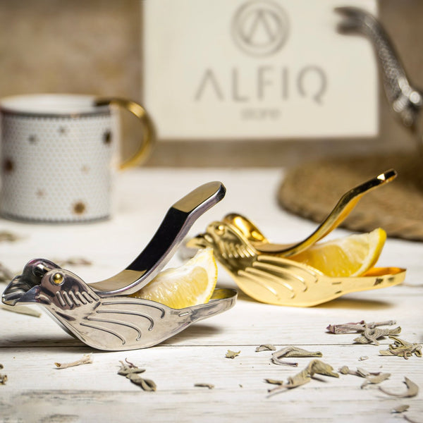 Spremiagrumi per fetta di limone a forma di uccello artigianale | Spremiagrumi per fette di frutta vintage placcato oro 14k fatto a mano 120 x 40 x 30 mm