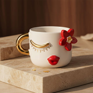 Handmade Gold & Red Flower Face Porcelain Coffee Cup