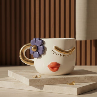 Handmade Gold & Lilac Flower Face Porcelain Coffee Cup