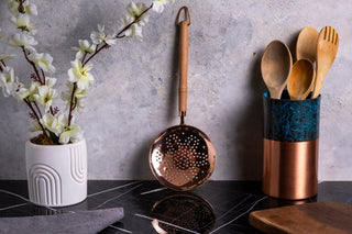 Handcrafted Copper Perforated Skimmer with Wooden Handle – Premium Kitchen Strainer & Cooking Utensil - Alfiq's Store