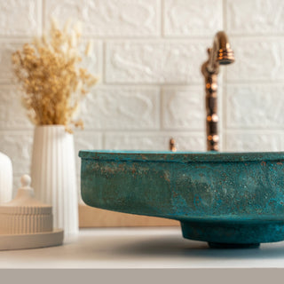 Handmade Hammered Copper Green Verdigris Patina Sink – Round Vessel Bathroom or Kitchen Basin - Alfiq's Store