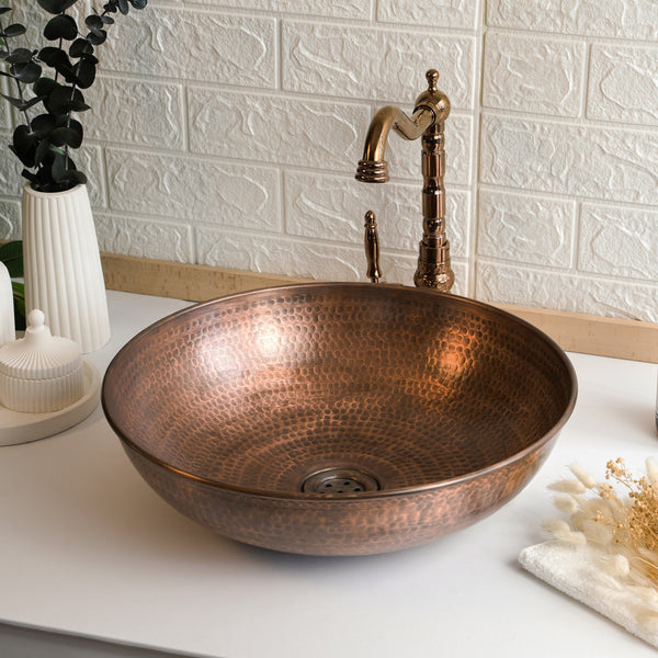 Handmade Hammered Copper Vessel Sink – Drop-In Bathroom & Kitchen Sink with Drain Cap