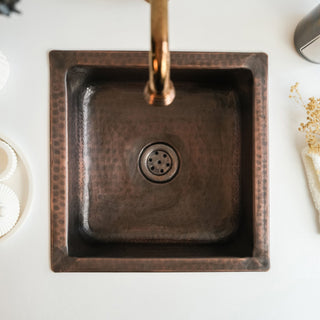 Dark Copper Square Kitchen Vessel Sink – Handmade Hammered Farmhouse Sink with Drain Cap - Alfiq's Store