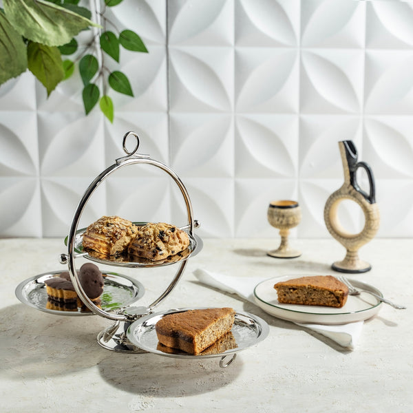Elegant Chrome-Plated Pure Copper Two-Tier Serving Stand – Modern Dessert & Pastry Display Tray