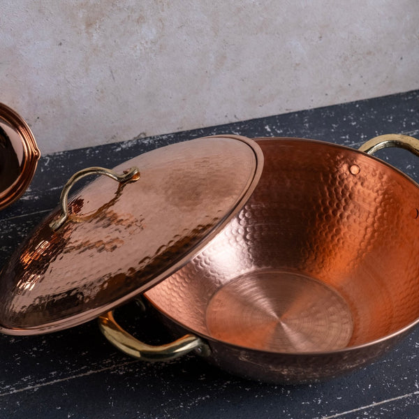 Elegant Hand-Hammered Copper Stew Pot with Lid, Traditional Pan for Serving & Cooking with Brass Handles