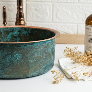 Handmade Green Patina Copper Sink – Farmhouse Vessel & Drop - In Kitchen/Bathroom Basin - Alfiq's Store