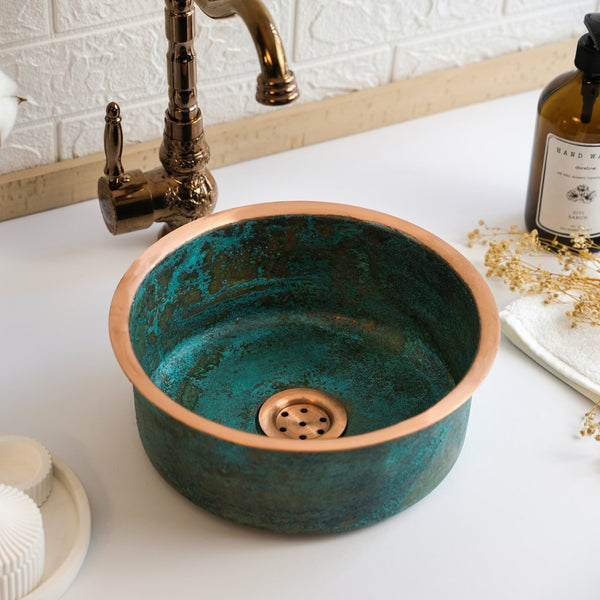 Handmade Green Patina Copper Sink – Farmhouse Vessel & Drop-In Kitchen/Bathroom Basin