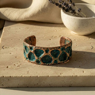 Green Patina Copper Cuff Bracelet – Handcrafted Textured Statement Bangle