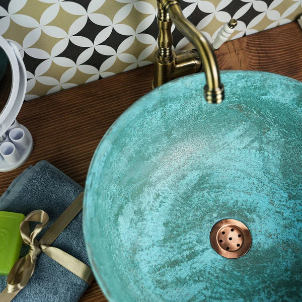 Handmade Blue Patina Copper Sink for Kitchen & Bathroom – Eco-Friendly, Pure Copper Vessel with Drain Cap