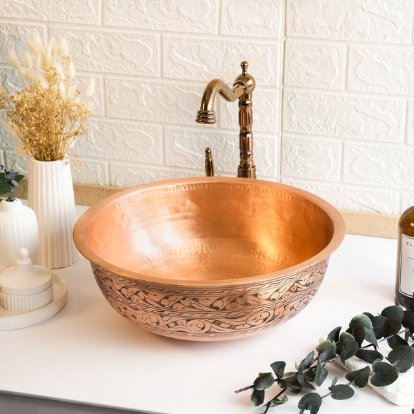 Handmade Engraved Matte Copper Vessel Sink – Farmhouse Vanity Washbasin with Drain Cap