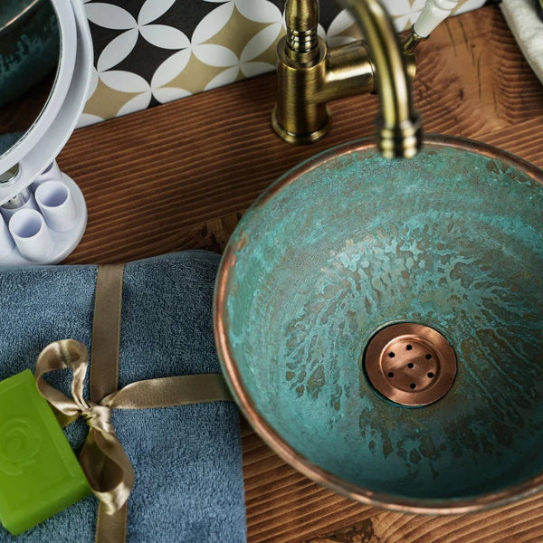 Handmade Green Patina Copper Sink for Kitchen & Bathroom – Eco-Friendly, Pure Copper Vessel with Drain Cap