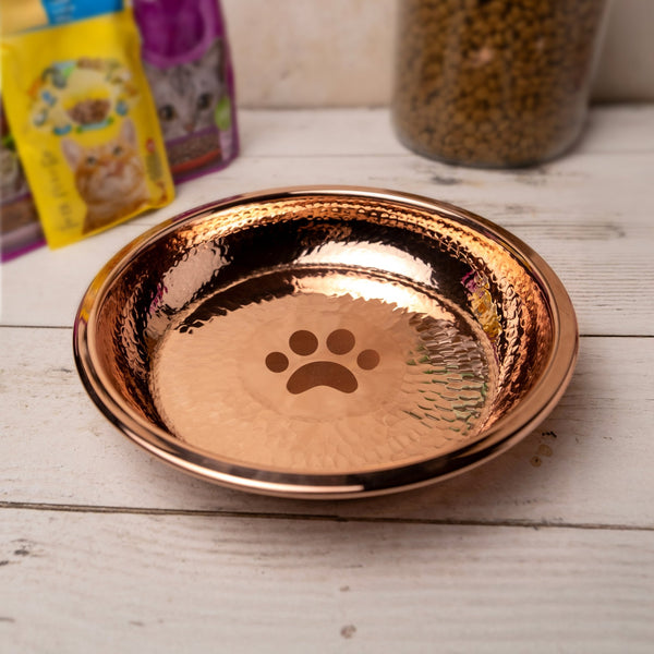 Handcrafted Hammered Copper Cat Bowl – Luxury Pet Dish with Engraved Paw Print Design