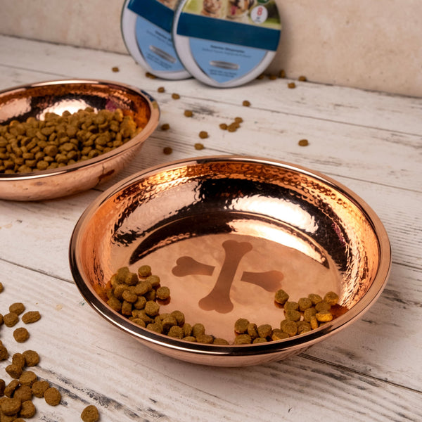 Handmade Hammered Copper Pet Bowl – Luxury Pet Dish with Engraved Bone Print Design