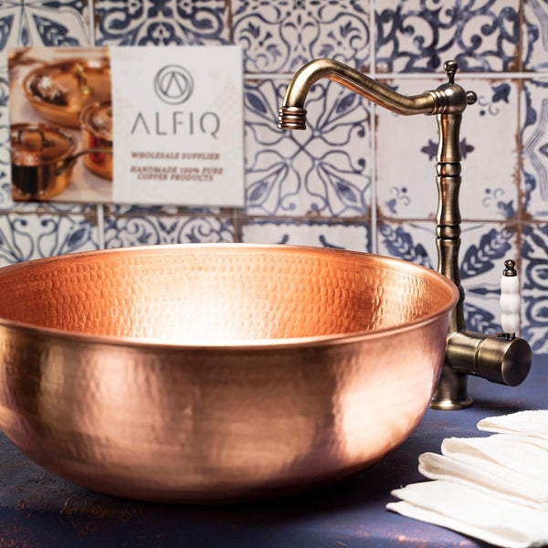 Handmade Matte Copper Sink Washbasin – Hammered Vessel Sink with Drain Cap
