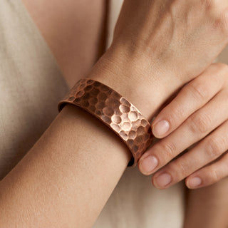 Copper Hammered Cuff Bracelet – Handmade Natural Finish Wide Open Bangle – view 4