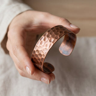 Copper Hammered Cuff Bracelet – Handmade Natural Finish Wide Open Bangle – view 3