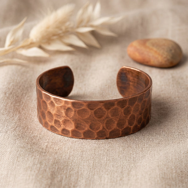 Copper Hammered Cuff Bracelet – Handmade Natural Finish Wide Open Bangle