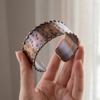 Copper Wide Hammered Cuff Bracelet – Handmade Rustic Statement Bangle – view 2