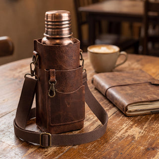 Hammered Dark Copper Water Bottle & Genuine Leather Carrying Bag Set, 750 m – view 3