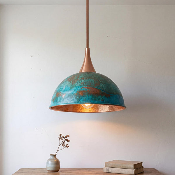 Handmade Verdigris Copper Pendant Light & Rustic Farmhouse Hanging Lamp