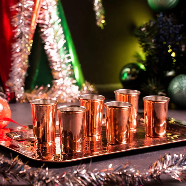 Copper Serving Tray and Cup Set of 7 | Handmade Solid Copper Shot Glasses and Tray Set