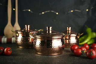Set of 3 Single - Person Copper Cooking Pots – 850ml Handcrafted Solid Copper Casseroles - Alfiq's Store
